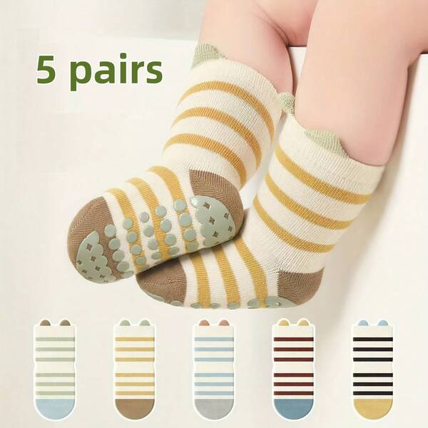 5 Pairs Striped Anti-Slip Toddler Socks, Indoor Non-Slip Floor Socks With Grip For Babies And Kids