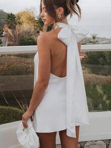 Satin Halter Neck Backless Bow Mini Dress, Elegant Backless Party Dress For Women Wedding Guest Club Night Out - 白色 - 查看 5