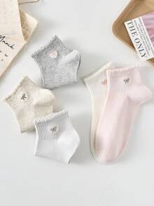 1/5 par (entrega aleatoria) Calcetines de tobillo blancos, transpirables y con diseño de corazón y lazo, lindos y dulces para mujeres - Multicolor - Ver 4