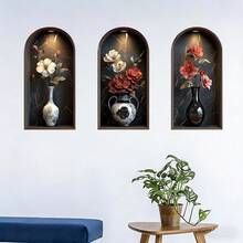 3pcs Arched Green Plant Flower Vase Wall Stickers, Elegant Floral Design, Waterproof Removable Vinyl Wall Decals, Suitable For Living Room Bedroom Sofa Background Wall Decor - Multicolor - View 5