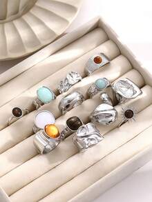 Bộ 13 chiếc nhẫn nữ bằng hợp kim đính đá giả, kiểu dáng sang trọng, hở ngón, thích hợp cho tiệc tùng, đám cưới, đeo hàng ngày, quà tặng trang sức thời trang. - Bộ nhẫn nữ 13 món - Xem 4