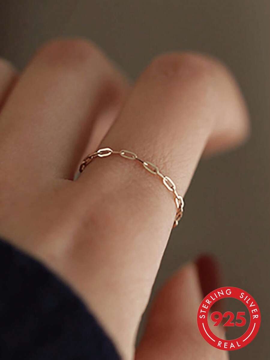 1 pieza Anillo de cadena suave de plata S925 personalizado, simple y de moda para mujer, regalo de fiesta, uso diario - Dorado - Ver 1