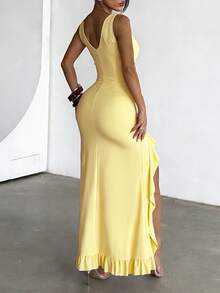Vestido de unicolor de verano WOWDARK, vestido de fiesta elegante con escote en V, volantes en el bajo y abertura, adecuado para el Día de San Valentín, citas, reuniones, fiestas, viajes, vacaciones, playa y otras ocasiones. Nota: use ropa interior de color piel. Boda primavera - Amarillo - Ver 9