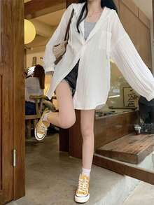 Women Solid Color Drawstring Pocket Long Sleeve Hooded Shirt, Spring/Summer Daily Wear White - White - View 3