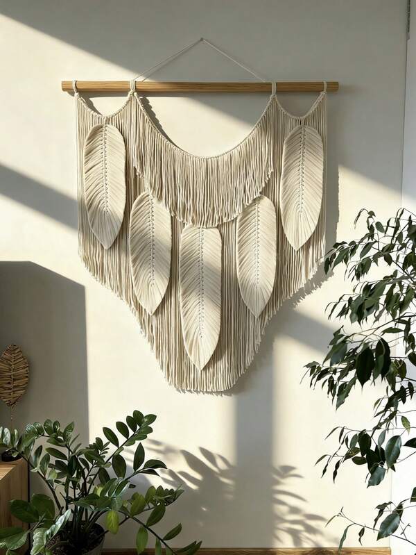 Grande tapeçaria de parede em macramê com penas, decoração boho com folhas, decoração de cabeceira, arte boêmia