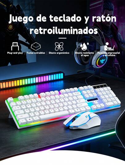 Teclado con sensación mecánica con cable de 104 teclas y juego de mouse con retroiluminación LED RGB,Kit de Teclado Y Mouse Usb Gamer RGB ,ideal para juegos y uso de oficina.