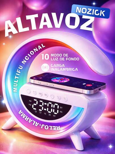 Este reproductor de música 3 en 1 combina luz nocturna, cargador inalámbrico, altavoz Bluetooth, lámpara de escritorio y lámpara de mesita de noche en un solo dispositivo. Cuenta con una batería recargable integrada que ofrece de 2 a 3 horas de autonomía.