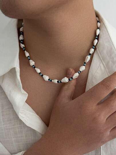 1 chiếc vòng cổ hạt gỗ và vỏ sò kiểu lướt sóng, vòng cổ choker đính hạt đa năng phong cách bãi biển mùa hè dành cho nam giới