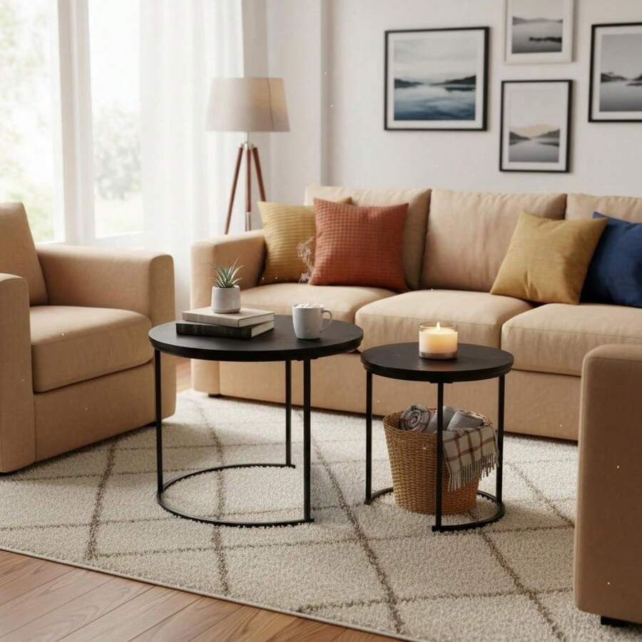 de Mesa de Centro Nesting, 2 Mesas Auxiliares Redondas, Estructura de Metal Resistente con Tapa con Aspecto de Mrmol, Diseo Minimalista, para Espacios Pequeos, Saln, Apartamento, Negro - B0BDF1X8NC - Ver 1