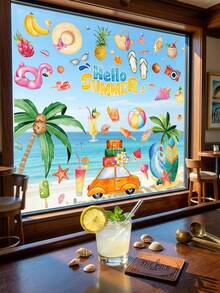 4 Blatt/49 Stück Sommer Strand Thema Fensteraufkleber, Palme, Auto, Frucht Muster Aufkleber für Heim Dekoration, Frischer Sommer Aquarell Stil, geeignet für Sommer Urlaubs Stil Dekoration, Schlafzimmer, Wohnzimmer, Balkon und Schaufenster Dekoration, Sommer Glas Dekoration, Pool Party Zubehör - Übersicht 1