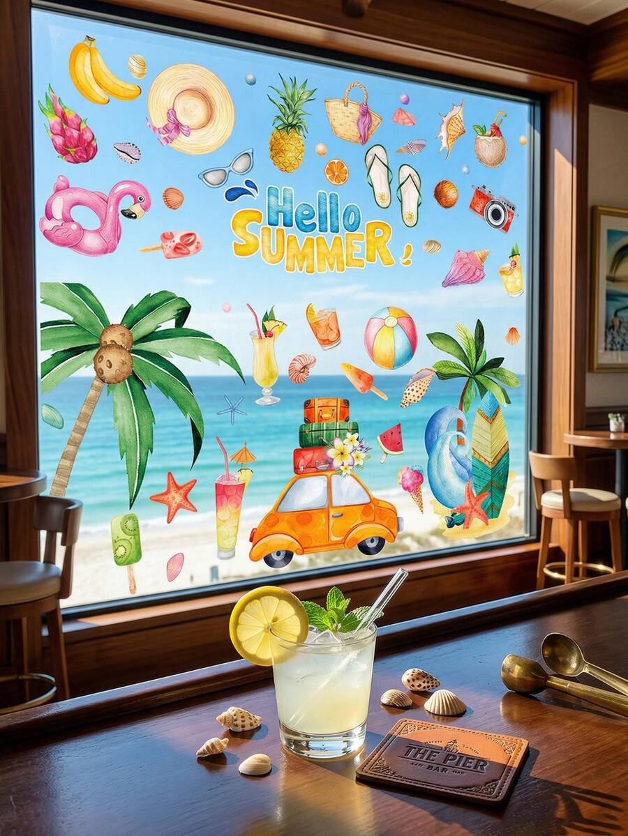 4 Blatt/49 Stück Sommer Strand Thema Fensteraufkleber, Palme, Auto, Frucht Muster Aufkleber für Heim Dekoration, Frischer Sommer Aquarell Stil, geeignet für Sommer Urlaubs Stil Dekoration, Schlafzimmer, Wohnzimmer, Balkon und Schaufenster Dekoration, Sommer Glas Dekoration, Pool Party Zubehör - Übersicht 1