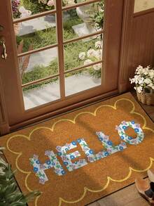 1 pieza Felpudo de entrada con diseño de flor "Hello", de felpa corta minimalista amarilla, de secado rápido y antideslizante, lavable, adecuado para cocina, baño, comedor, pasillo, fiesta, todo el año - 1PC - Ver 1