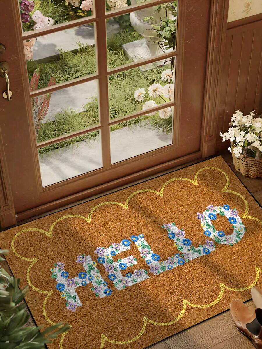 1 pieza Felpudo de entrada con diseño de flor "Hello", de felpa corta minimalista amarilla, de secado rápido y antideslizante, lavable, adecuado para cocina, baño, comedor, pasillo, fiesta, todo el año - 1PC - Ver 1