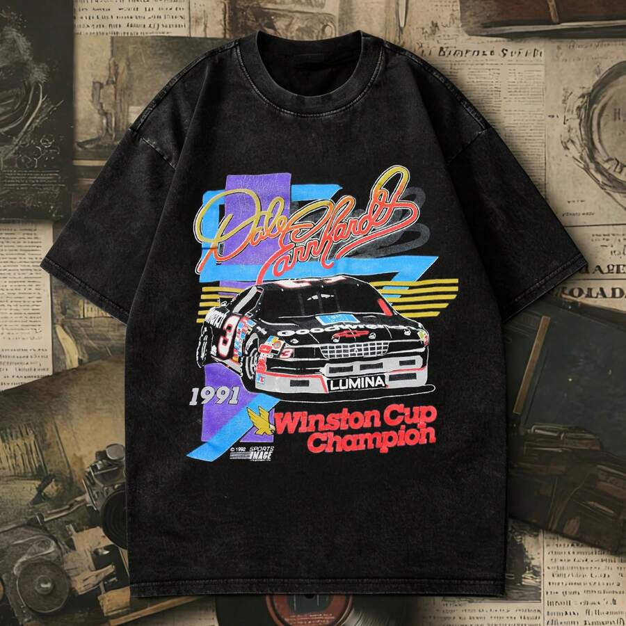 Vintage Wash Dale Earnhardts 1991 Winston Cup Champion NASCARs T-Shirt, Retro 90s Lumina Racer Graphic Oversized Tee, Washed Black Streetwear Top. - 黑色 - 查看 1