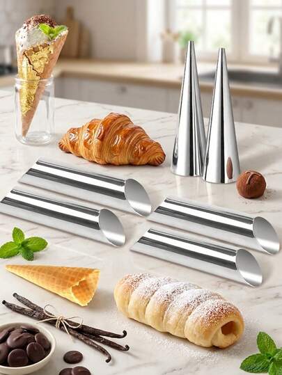 Bộ 8 khuôn làm bánh sừng bò hình trụ và hình nón bằng thép không gỉ, ống làm bánh cannoli thẳng và thon chống dính, dụng cụ làm bánh hình sừng để làm món tráng miệng.