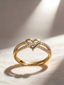 1 pièce Bague décorative en cristal en forme de cœur élégante, convenant pour le port quotidien des femmes, les fêtes, les banquets, les festivals et autres occasions - Doré - Voir 5