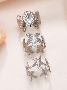 3pcs/Set Ocean Style Rings, Summer Bohemian Sea Star Shell Stainless Steel Ring Set, Vintage Open Rings, Anti-Fading Waterproof Hypoallergenic, Suitable For Women Beach Holiday Daily Wear - Silver - View 2