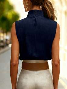 Sleeveless High Neck Pleated Top, Commuter Chic Niche Design Fitted Tank Top For Women Summer Casual - Royal Blue - View 5