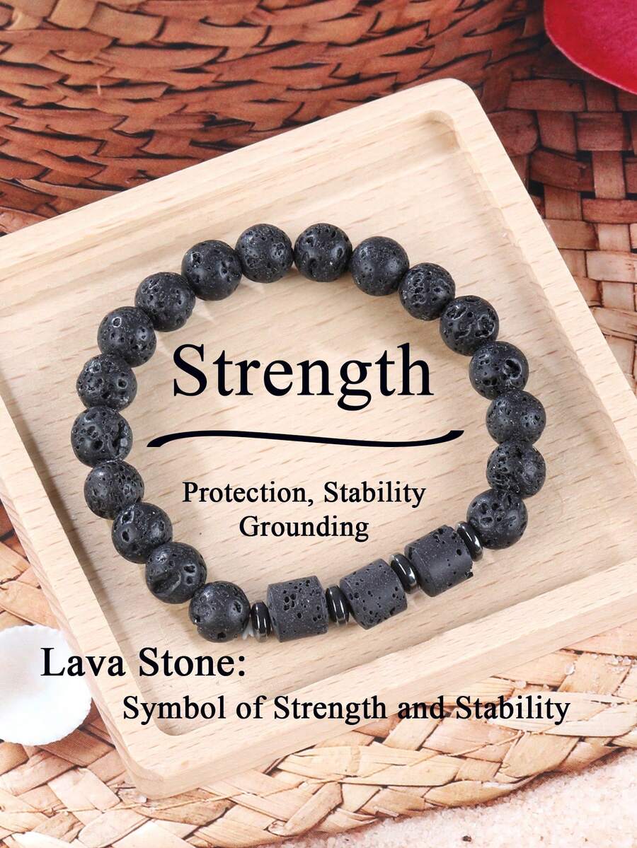 Men's Lava Stone Grounding Bracelet, Absorb Negative Energy, Protection, Inner Strength, Volcanic Essential Oil Diffuser Spiritual Jewelry Unisex - Black - View 1