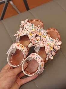 1 Pair Girls' Floral Decor PU Sandals, Soft Sole Non-Slip Wear-Resistant Open Toe Design, Flat Low Heel, Sweet Fresh Style, Children's Sandals For Daily, School, Outdoor, Beach, Summer Breathable & Comfortable - Pink - View 5