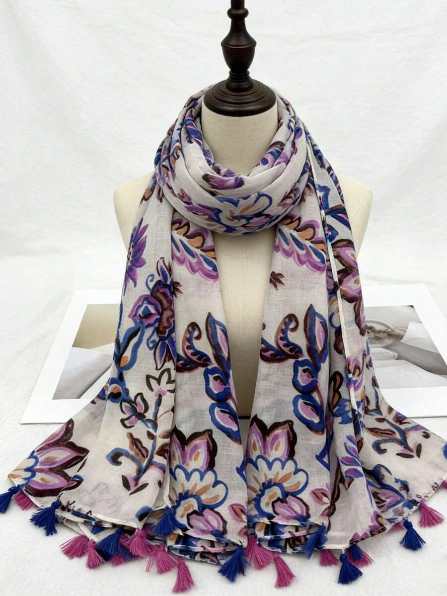 1pc Women's Spring/Summer Fashion UV Protection Blue & Purple Abstract Floral Scarf - Multicolor - View 1