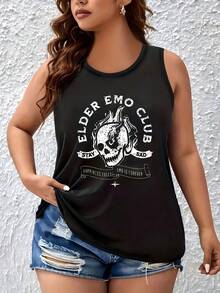 Plus Size Women's Sleeveless Round Neck Vest With Emo Skull Halloween Print, Breathable Casual Tank Top, Multiple Colors Available - màu đen - Xem 1