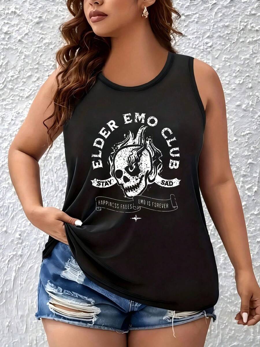 Plus Size Women's Sleeveless Round Neck Vest With Emo Skull Halloween Print, Breathable Casual Tank Top, Multiple Colors Available - màu đen - Xem 1