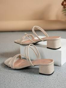 Sandal Hak Tinggi Hitam, Sandal Hak Tebal Hitam Elegan untuk Wanita di Musim Panas, Hak Tebal - Krem - View 5