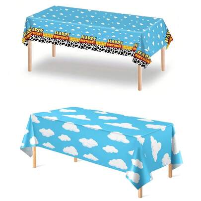 1/3 Paquetes Mantel con diseño de historia de dibujos animados, Mantel con estampado de vaca, Patrón de cielo azul y nubes blancas, Decoración de fiesta de cumpleaños con tema de vaca, Decoración de fiesta con tema inspirador, Tamaño 54 X 108 pulgadas