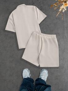 Bộ đồ thời trang mùa hè dành cho nam, áo sơ mi tay ngắn cổ bẻ cài cúc một túi, quần short túi chéo có dây rút, bộ đồ 2 mảnh màu trơn phong cách thường ngày - Màu be - Xem 3