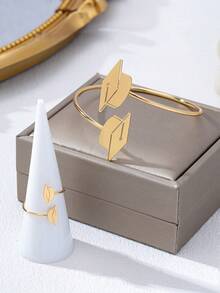 2pcs Gold Metal Hollow Smooth Graduation Cap Bracelet & Ring Set, Fashion Jewelry For Graduation, Party, Banquet - Yellow Gold - View 7