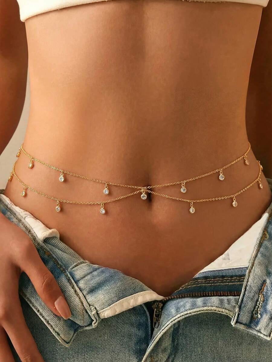 1 chiếc dây chuyền kim loại hai lớp đính đá Zirconia tối giản, đa năng, thời trang, gợi cảm dành cho nữ, thích hợp làm quà tặng, đeo hàng ngày, dự lễ hội, đi nghỉ mát. - Vàng - Xem 1