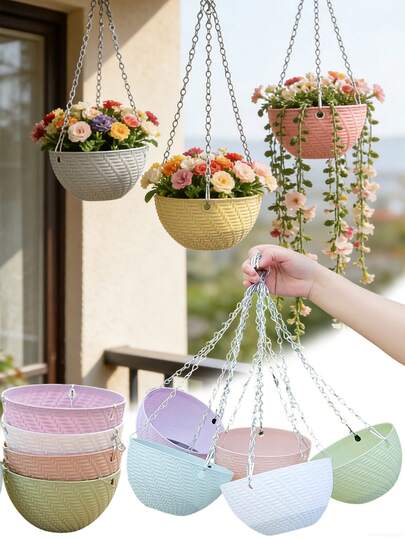 4pcs Hanging Planters, Plastic Hanging Flower Baskets, Hanging Plant Baskets With Chain Hooks, Indoor Outdoor Flower Pots, Lightweight Durable Indoor Outdoor Garden Planter, Woven Texture. Suitable For Indoor And Outdoor Use, These Hanging Planters Are Great For Home Gardens, Balconies, Patios And Yards. Multifunctional, Sturdy, Practical, Space-Saving, Versatile. Suitable For Spring And Summer Decor (Multiple Colors Available)
