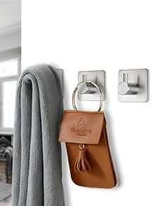 重型自粘不锈钢墙钩，无需钻孔，适用于浴室和厨房，可悬挂帽子、丝瓜络、毛巾、浴袍、去角质布和沐浴海绵，安装简便。 - A - 查看 11