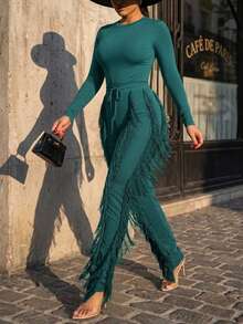 CALEBGAR Women's Sexy Two Piece Outfits Long Sleeve Fringe Pants Set Clubwear Going Out Birthday Party Night Outfits - 綠色 - 查看 4