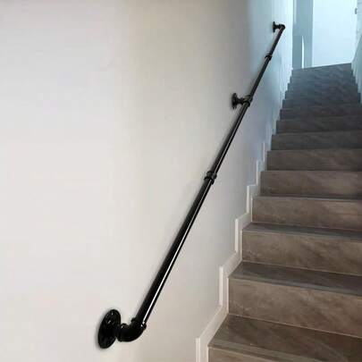1pc Industrial Style Stair Handrail, Metal Stair Handrail, Black Retro Industrial Iron Handrail, Suitable For Indoor And Outdoor Wall Installation Support, Wall Handrail Railing, Safety Handle, Stair Railing