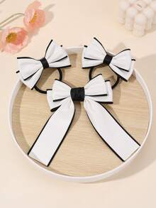 3pcs Soft Leather White Bow Hair Clips & Headband Set, Suitable For Girls Daily Wear, Elastic Hair Ties, Teenage Hair Accessories, All Seasons - White - View 2