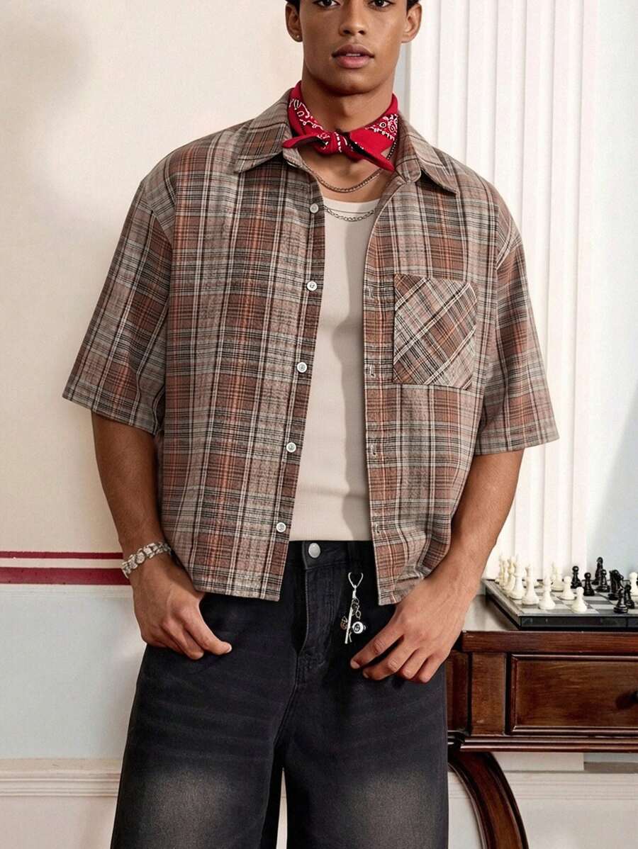 [CALIENTE] Camisa de manga corta holgada con cuello a cuadros para hombres y adolescentes varones, camisa casual con corte recto y moderno - Naranja Quemada - Ver 1