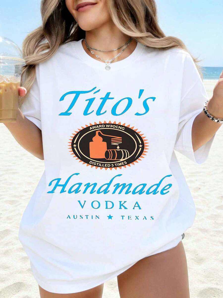 T-Shirt White Tito's Handmade Vodka Logo And Text Print Beach Party Casual Wear - 白色 - 查看 1