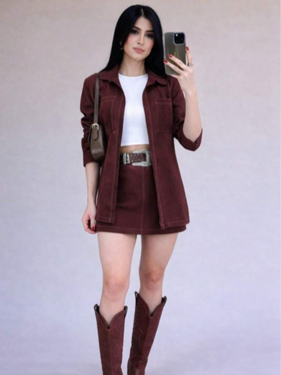 Women's Set Long Sleeve Shirt And Marrant Skirt Sensory Boho Casual Cute Luxury Elegant - 酒紅色 - 查看 1