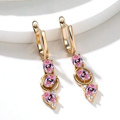 Vanel 一对奢华金色镶钻立方氧化锆耳环，椭圆形吊坠光环设计，时尚女士首饰，优雅珠宝礼物