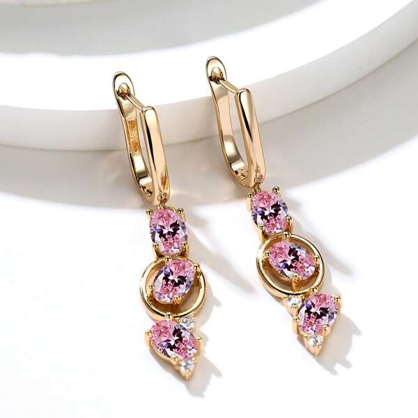 Vanel 1Pair Luxury Golden Paved Cubic Zirconia Earrings, Oval Dangle Halo Design, Fashion Jewelry For Women, Elegant Jewelry Gift For Her