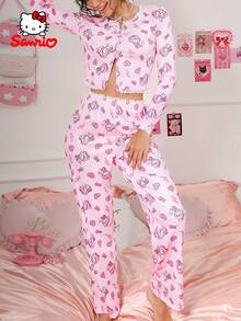 SANRIO 女士两件套粉色睡衣，蕾丝拼接，爱心蝴蝶结印花，甜美可爱，家居服，睡衣套装，休闲装 - 粉色 - 查看 4