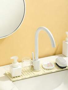 1 Stück Silikon Armaturenspritzschutz - Silikon Spülbecken Spritzschutz - Silikon Armaturengriff Tropfschale. Mit schräger Wasserflussgestaltung. Spülmittelspender, Schwammauflage hinter der Armatur, Küchenspülzubehör, spritzwassergeschützt, kann auf schmale Kante gekürzt werden, geeignet für Badezimmer-Waschbecken, Küchenspüle und Geschirrständer. - Verschiedenfarbig - Übersicht 4