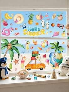 4 Blatt/49 Stück Sommer Strand Thema Fensteraufkleber, Palme, Auto, Frucht Muster Aufkleber für Heim Dekoration, Frischer Sommer Aquarell Stil, geeignet für Sommer Urlaubs Stil Dekoration, Schlafzimmer, Wohnzimmer, Balkon und Schaufenster Dekoration, Sommer Glas Dekoration, Pool Party Zubehör - Übersicht 8