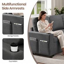 Sofa Bed, L-Shaped Sleeper Sofa Couch, 3 Seater Pull Out Corner Sofa Bed With Storage Chaise, Cup Holder, Sectional Sofa For Living Room, Dark Grey - L型深灰色(杯架+收納袋) - 查看 6