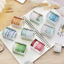5 Rolls Watercolor Washi Tape Set Creative Geometric Pattern, Basic Student DIY Stationery And Journaling Tape Vintage Washi Tape Set, Basic Masking Tape, Retro Art Decorative Tape, Suitable For Art Creation, DIY Crafts, Journals, Planners, Scrapbooking, Packaging, Etc. - A - View 2
