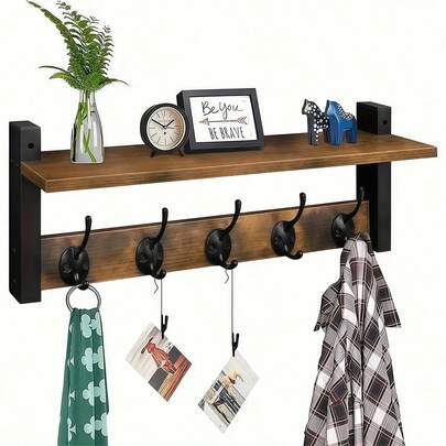 1pc Minimalist Wooden Wall Mounted Shelf, Decorative Storage Rack For Living Room, Entryway, Bathroom, Kitchen, Vintage Wall Hanging Organizer, Coat Rack