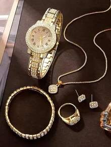 6件套奢华全钻黄金女士腕表首饰套装，包括全钻罗马数字腕表、手链、项链、戒指和耳环，适合作为情人节、母亲节礼物或表达对爱人的爱意。产品不含礼盒。 - 金色 - 查看 4