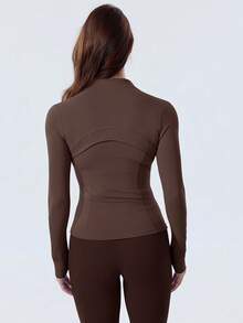 Women's High Stretch Slim Fit BBL Jacket Gold Zip Up Stand Collar Thumb Hole Activewear Top Multi Color Gym Workout Casual Wear - Espresso/Vàng - Xem 4